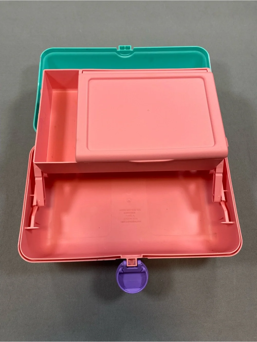 Vintage Caboodles Pink and Teal Makeup Case with Purple handle.